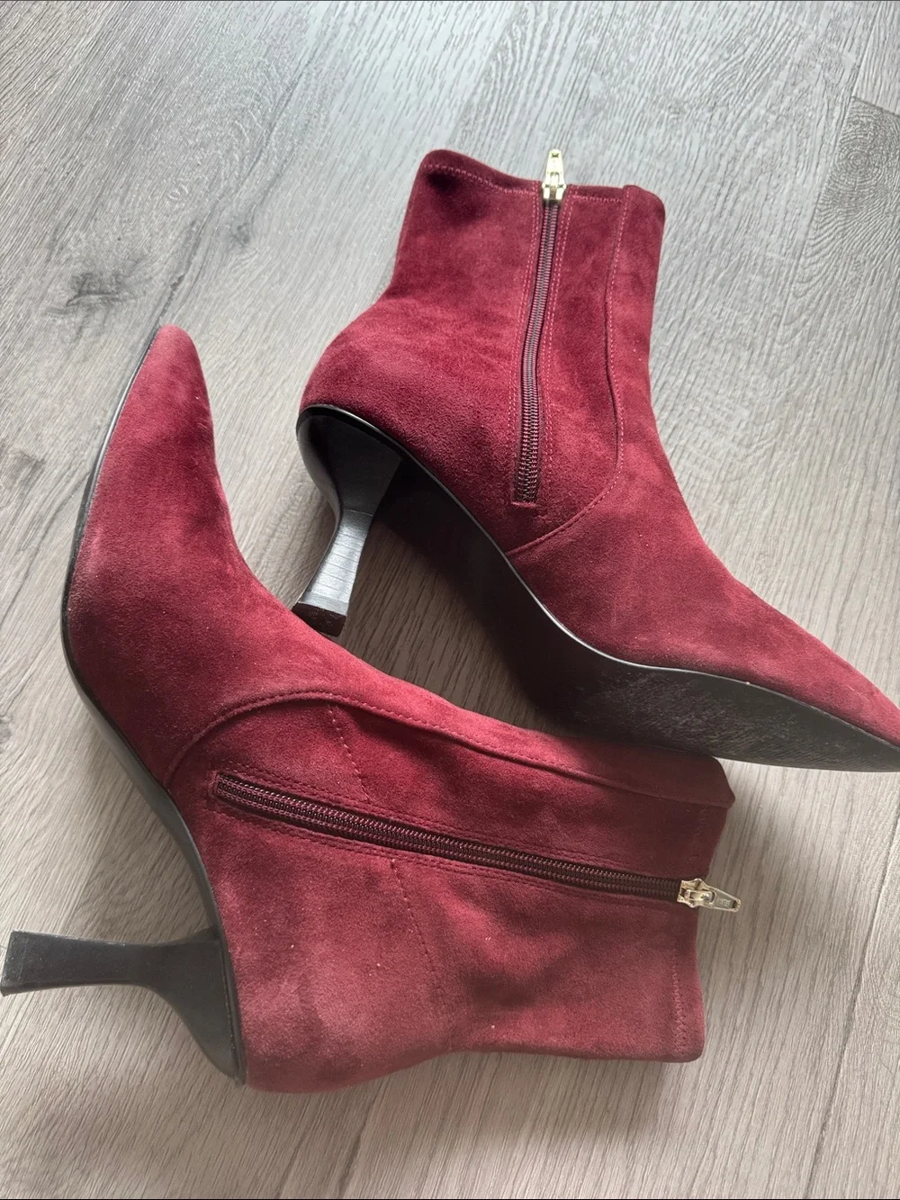 Madewell Pointed-Toe Burgundy Suede Ankle Booties with Side Zip
